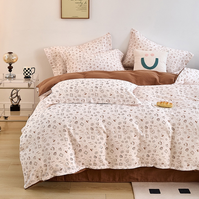 91家纺网 家纺一手货源 找家纺 2025新款全棉双层纱印花四件套（第二批）咖啡兔