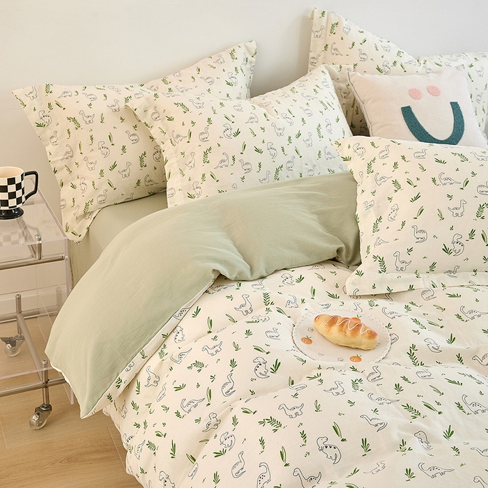 91家纺网 家纺一手货源 找家纺 2025新款全棉双层纱印花四件套（第二批）迷你龙