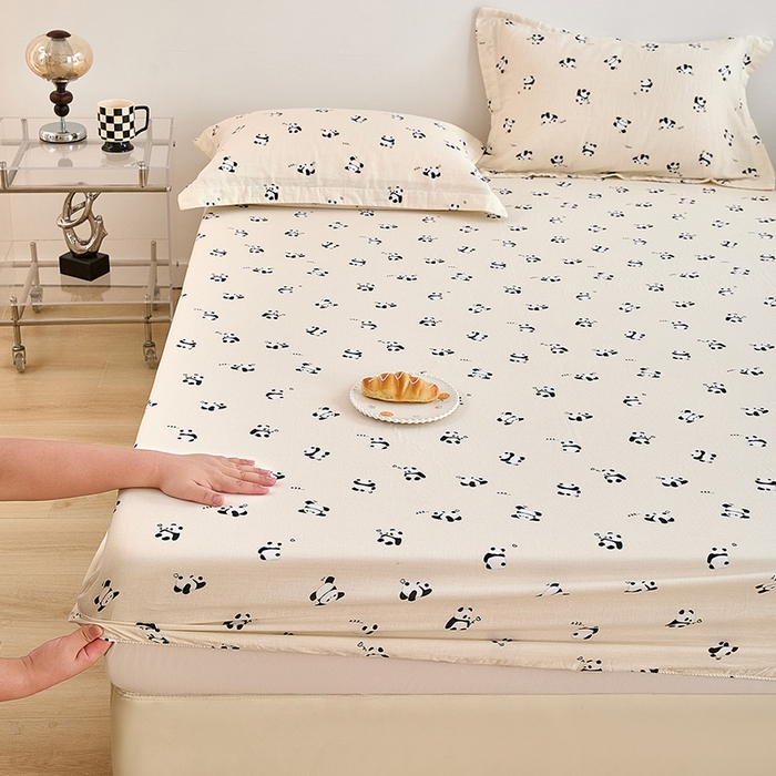 91家纺网 家纺一手货源 找家纺 锦罗绣 2025新款全棉双层纱印花系列单床笠 国宝熊猫