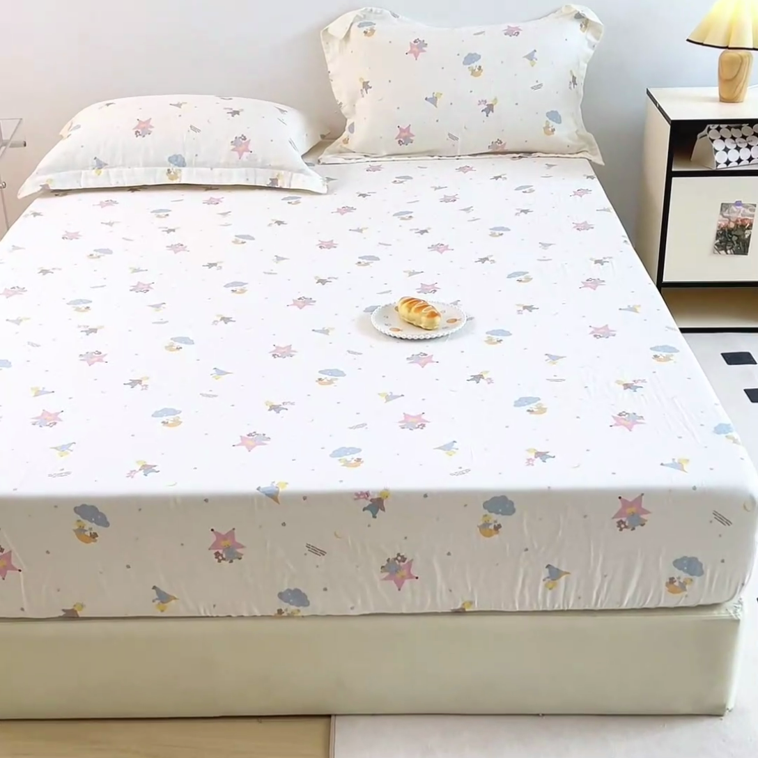 91家纺网 家纺一手货源 找家纺 锦罗绣 2025新款全棉双层纱印花系列单床笠 宝贝乐园