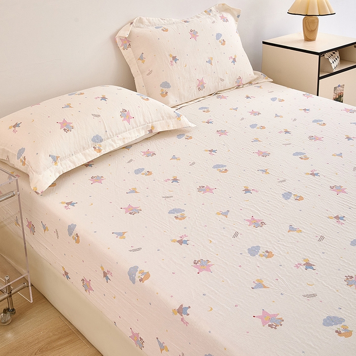 91家纺网 家纺一手货源 找家纺 锦罗绣 2025新款全棉双层纱印花系列单床笠 宝贝乐园