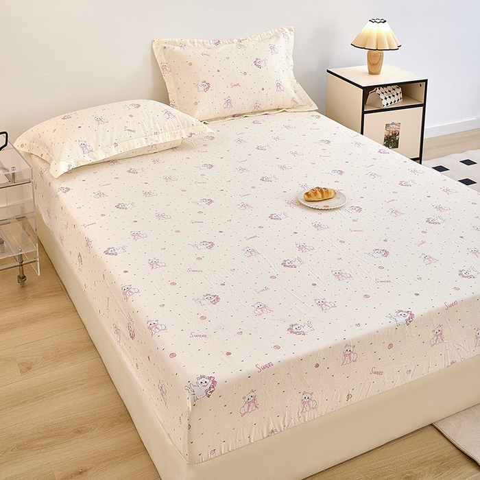 91家纺网 家纺一手货源 找家纺 锦罗绣 2025新款全棉双层纱印花系列单床笠 精灵猫咪