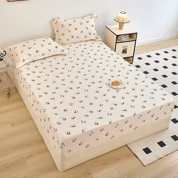 91家纺网 家纺一手货源 找家纺 锦罗绣 2025新款全棉双层纱印花系列单床笠 国宝熊猫