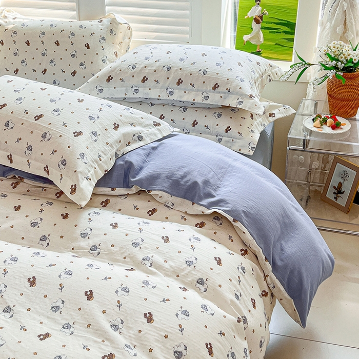 91家纺网 家纺一手货源 找家纺 2025新款全棉双层纱印花四件套（第二批）浪漫独角兽