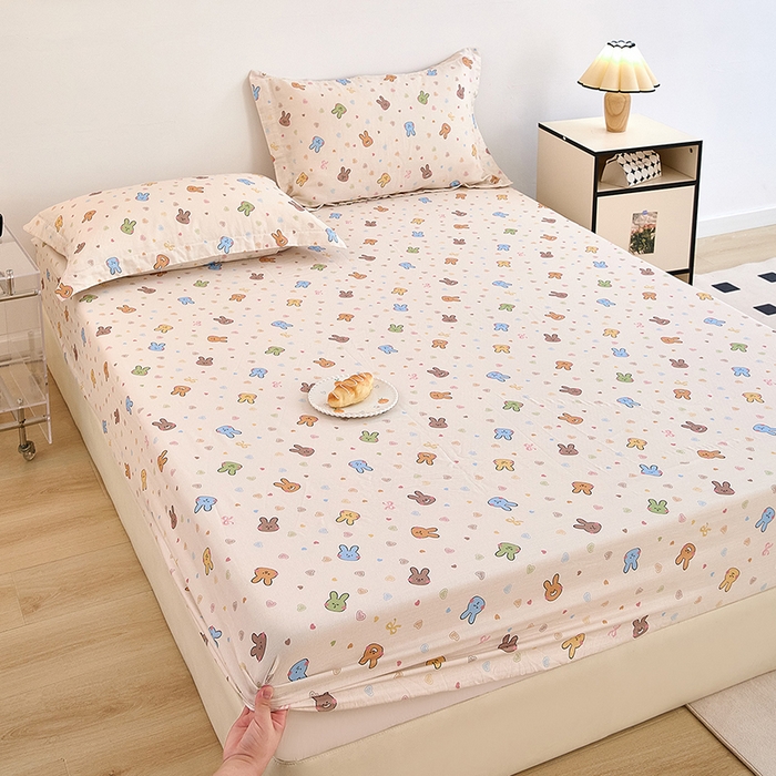 91家纺网 家纺一手货源 找家纺 锦罗绣 2025新款全棉双层纱印花系列单床笠 小兔园