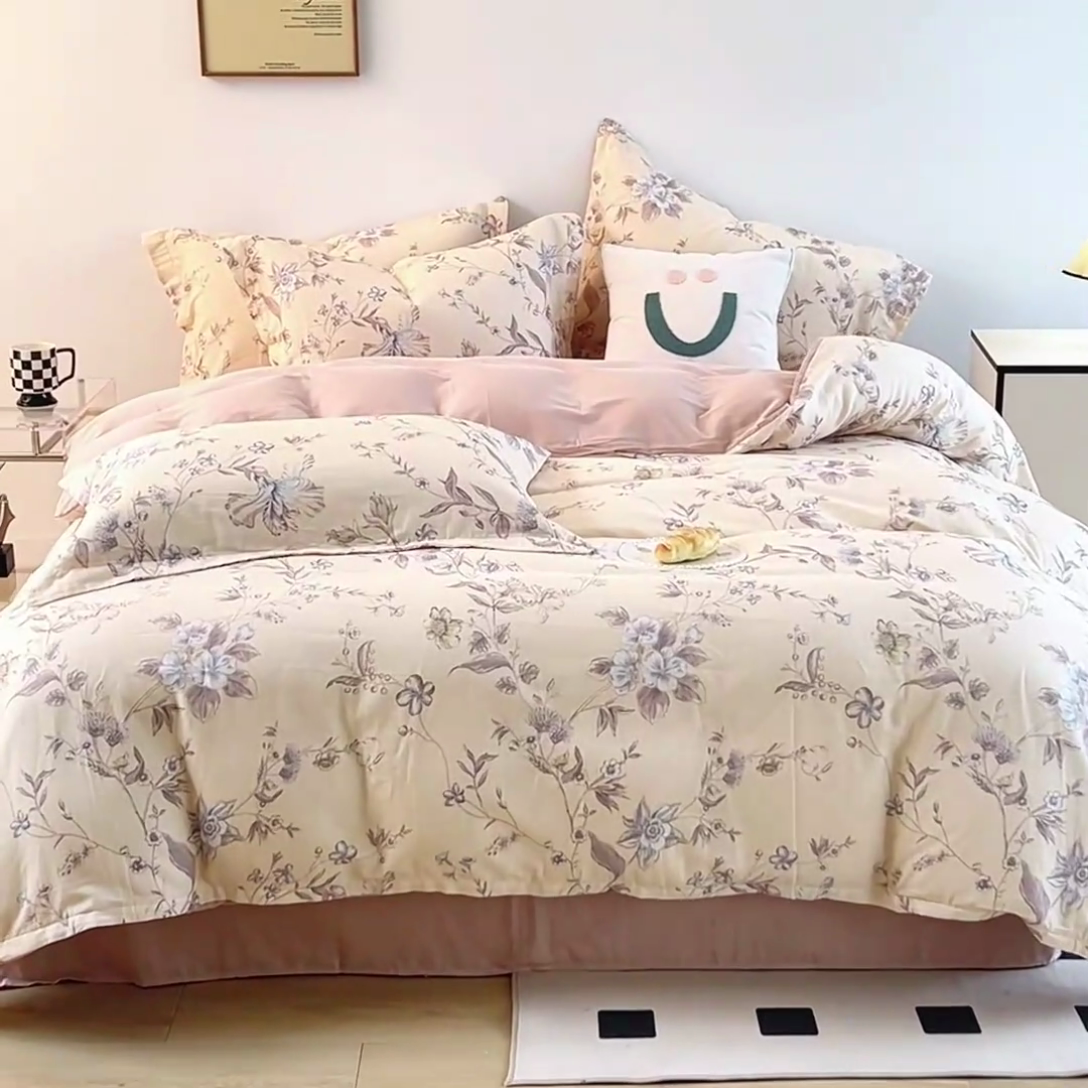 91家纺网 家纺一手货源 找家纺 2025新款全棉双层纱印花四件套（第二批）清新碎花