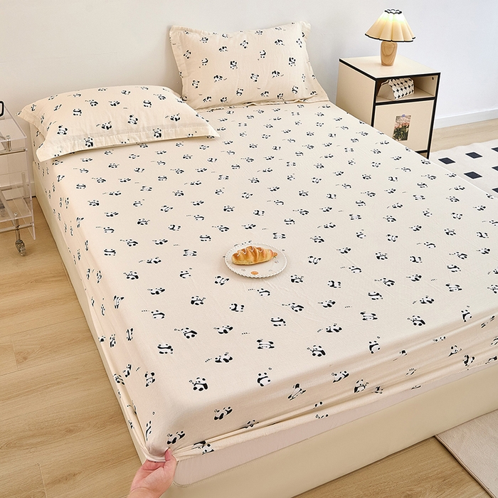 91家纺网 家纺一手货源 找家纺 锦罗绣 2025新款全棉双层纱印花系列单床笠 国宝熊猫