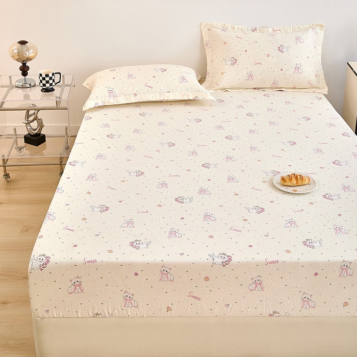 91家纺网 家纺一手货源 找家纺 锦罗绣 2025新款全棉双层纱印花系列单床笠 精灵猫咪