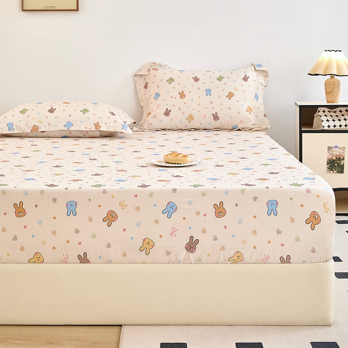 91家纺网 家纺一手货源 找家纺 锦罗绣 2025新款全棉双层纱印花系列单床笠 小兔园