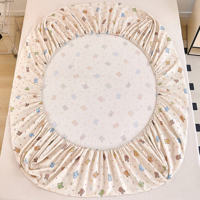 91家纺网 家纺一手货源 找家纺 锦罗绣 2025新款全棉双层纱印花系列单床笠 小兔园