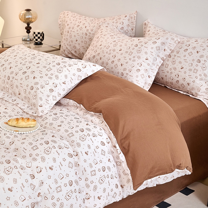 91家纺网 家纺一手货源 找家纺 2025新款全棉双层纱印花四件套（第二批）咖啡兔