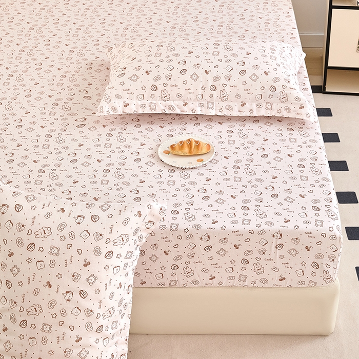 91家纺网 家纺一手货源 找家纺 锦罗绣 2025新款全棉双层纱印花系列单床笠 咖啡兔