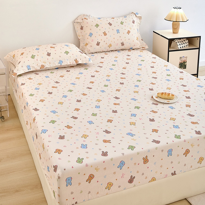 91家纺网 家纺一手货源 找家纺 锦罗绣 2025新款全棉双层纱印花系列单床笠 小兔园