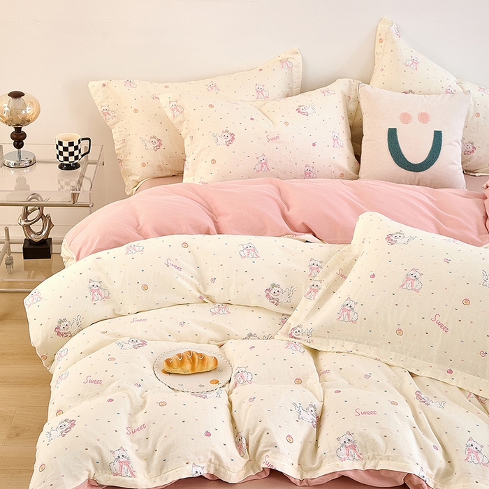 91家纺网 家纺一手货源 找家纺 2025新款全棉双层纱印花四件套（第二批）精灵猫咪