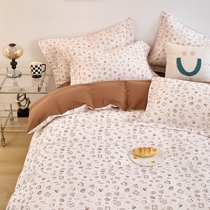 91家纺网 家纺一手货源 找家纺 2025新款全棉双层纱印花四件套（第二批）咖啡兔