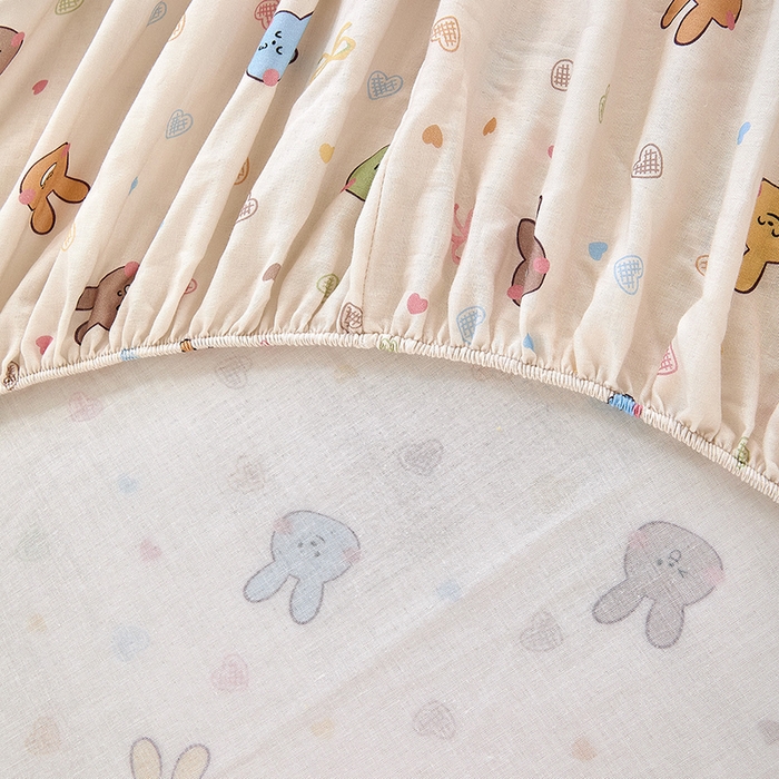 91家纺网 家纺一手货源 找家纺 锦罗绣 2025新款全棉双层纱印花系列单床笠 小兔园