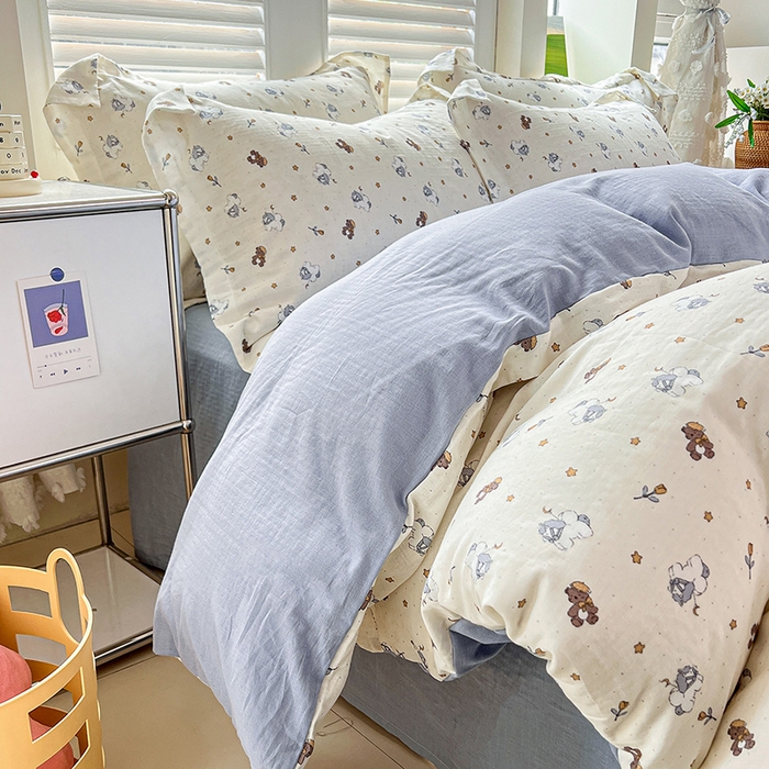 91家纺网 家纺一手货源 找家纺 2025新款全棉双层纱印花四件套（第二批）浪漫独角兽