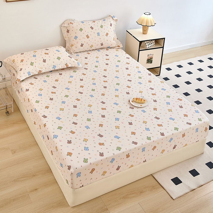 91家纺网 家纺一手货源 找家纺 锦罗绣 2025新款全棉双层纱印花系列单床笠 小兔园