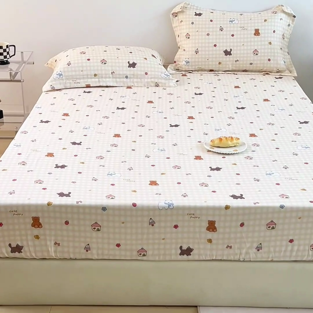 91家纺网 家纺一手货源 找家纺 锦罗绣 2025新款全棉双层纱印花系列单床笠 甜蜜小屋