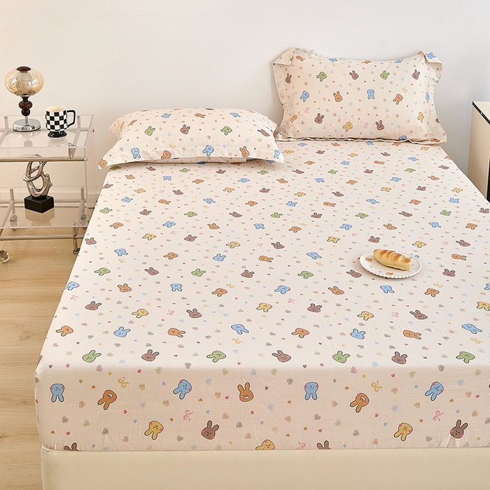 91家纺网 家纺一手货源 找家纺 锦罗绣 2025新款全棉双层纱印花系列单床笠 小兔园