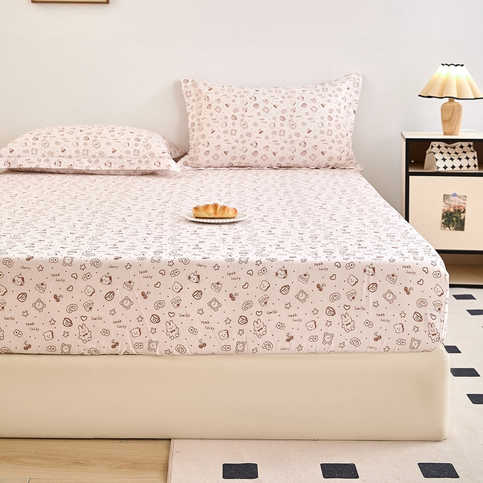 91家纺网 家纺一手货源 找家纺 锦罗绣 2025新款全棉双层纱印花系列单床笠 咖啡兔