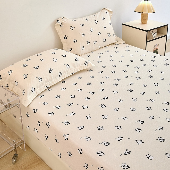 91家纺网 家纺一手货源 找家纺 锦罗绣 2025新款全棉双层纱印花系列单床笠 国宝熊猫