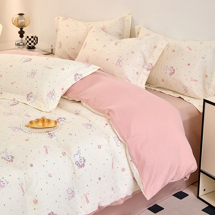 91家纺网 家纺一手货源 找家纺 2025新款全棉双层纱印花四件套（第二批）精灵猫咪