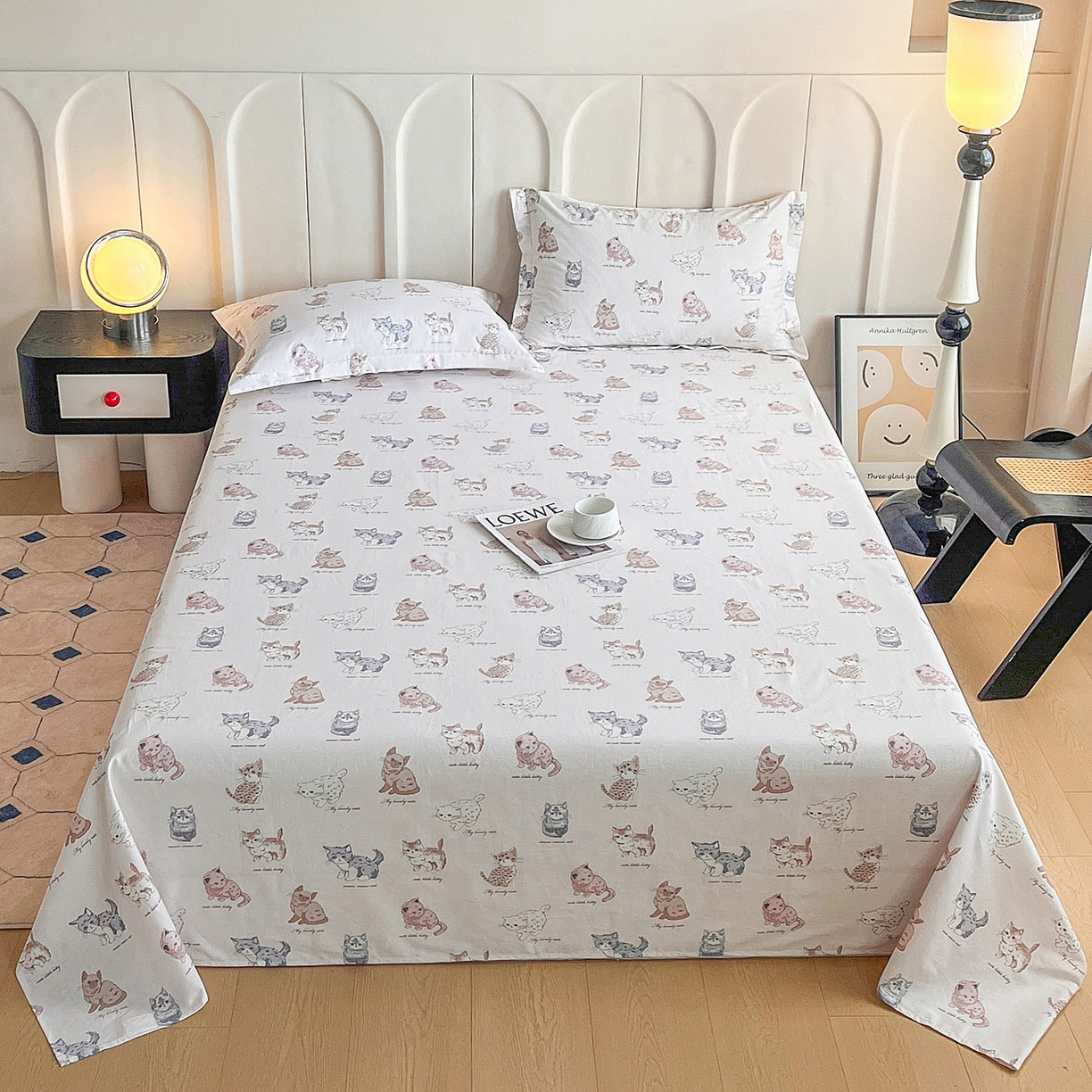 91家纺网 家纺一手货源 找家纺 金盛纺 2025新款13372全棉印花单品床单 治愈猫