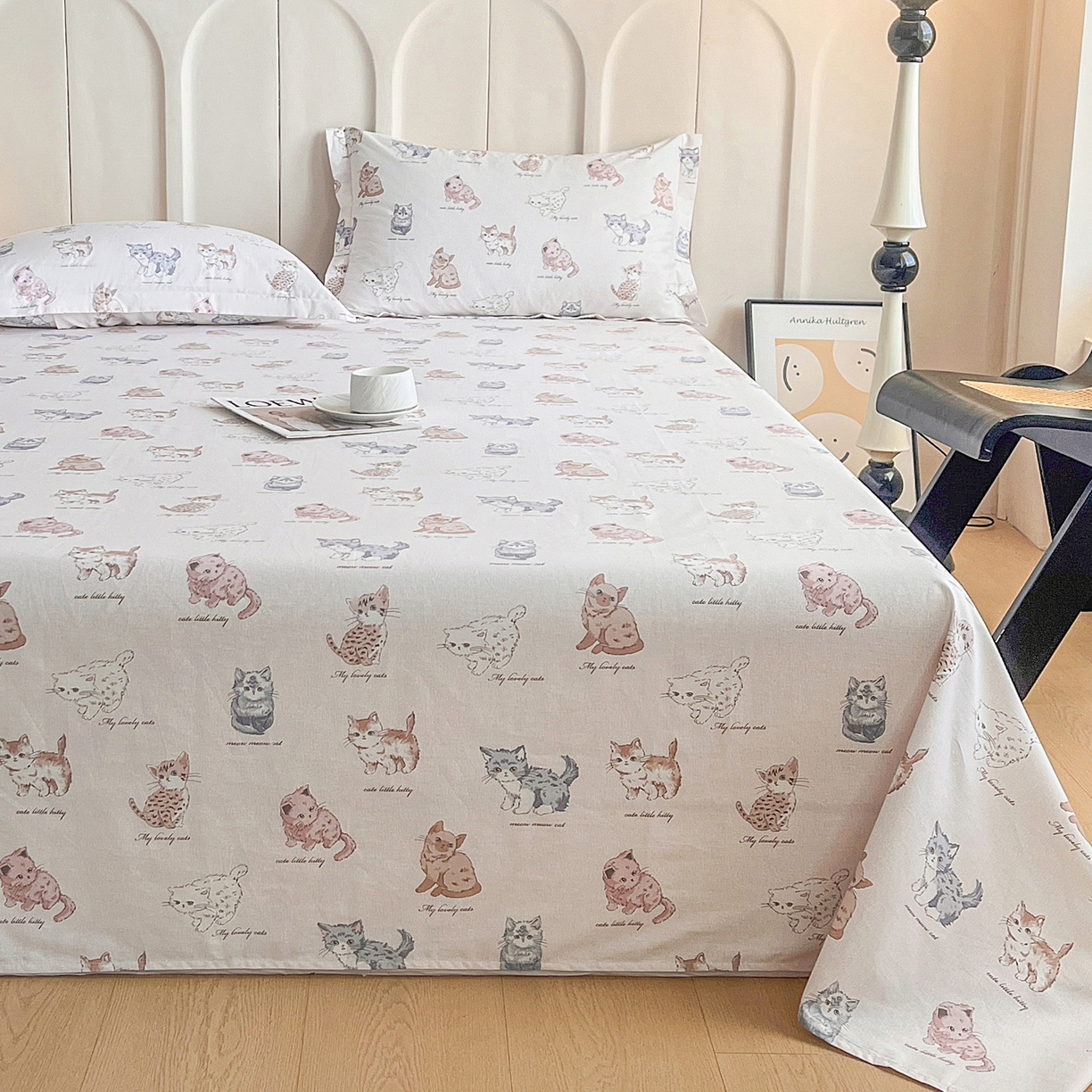 91家纺网 家纺一手货源 找家纺 金盛纺 2025新款13372全棉印花单品床单 治愈猫