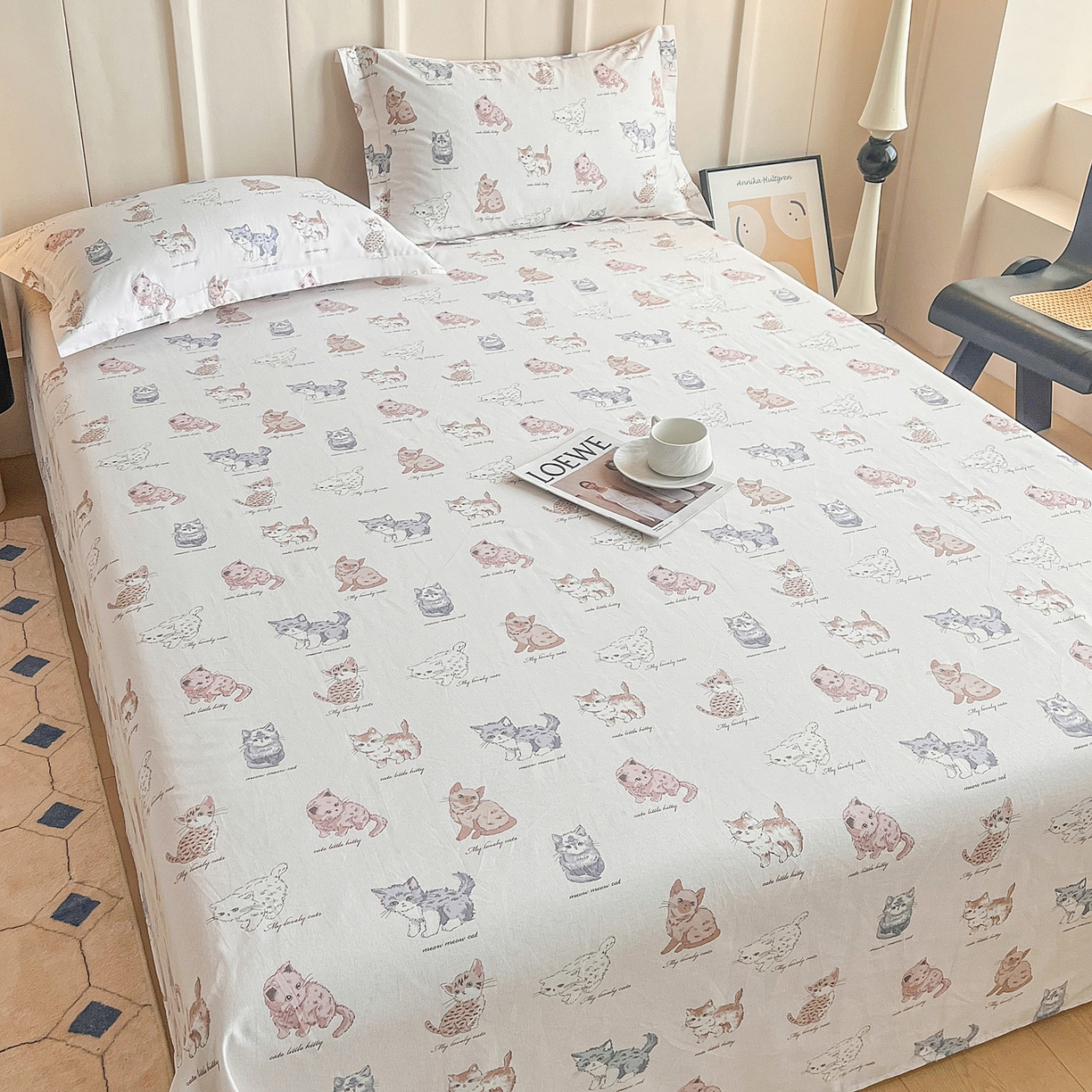 91家纺网 家纺一手货源 找家纺 金盛纺 2025新款13372全棉印花单品床单 治愈猫