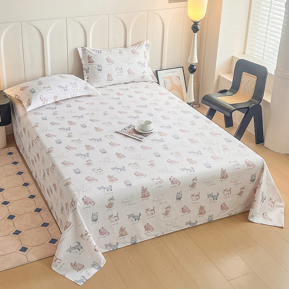 91家纺网 家纺一手货源 找家纺 金盛纺 2025新款13372全棉印花单品床单 治愈猫