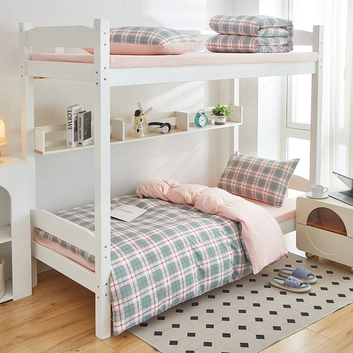 91家纺网 家纺一手货源 找家纺 恒科家纺 2025新款亲肤舒适小清新水洗棉四件套学生六件套-学生款宿舍六件套 格韵粉