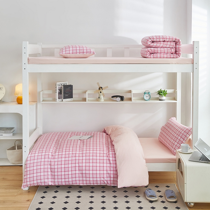 91家纺网 家纺一手货源 找家纺 恒科家纺 2025新款亲肤舒适小清新水洗棉四件套学生六件套-学生款宿舍六件套 蜜粉格