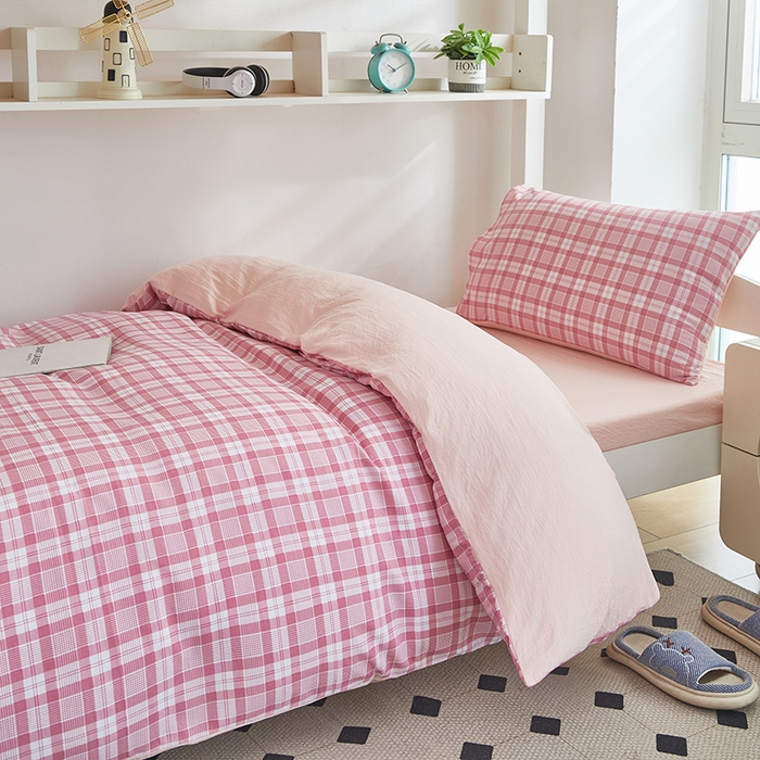 91家纺网 家纺一手货源 找家纺 恒科家纺 2025新款亲肤舒适小清新水洗棉四件套学生六件套-学生款宿舍六件套 蜜粉格