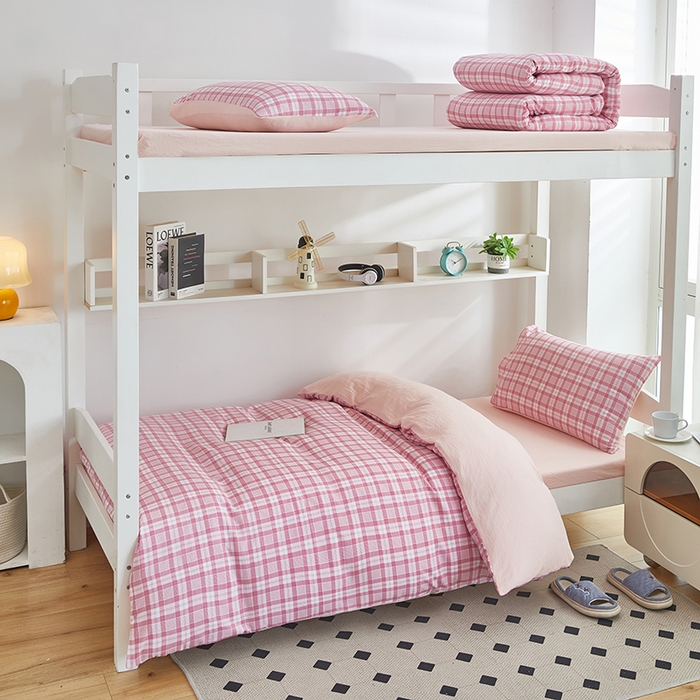 91家纺网 家纺一手货源 找家纺 恒科家纺 2025新款亲肤舒适小清新水洗棉四件套学生六件套-学生款宿舍六件套 蜜粉格