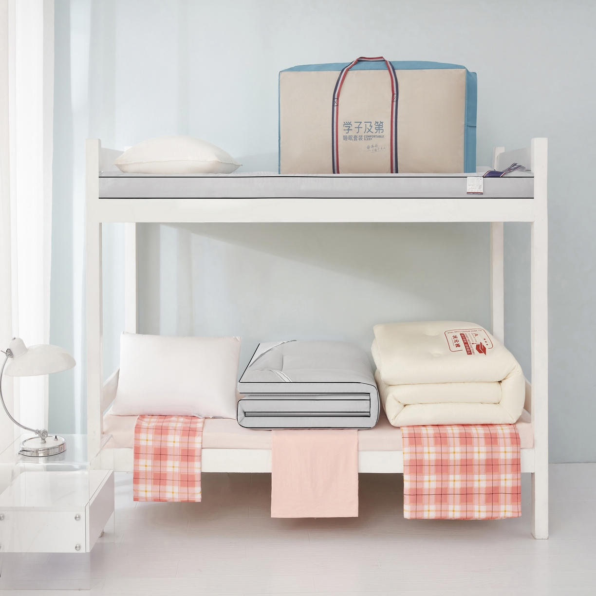 91家纺网 家纺一手货源 找家纺 恒科家纺 2025新款亲肤舒适小清新水洗棉四件套学生六件套-学生款宿舍六件套 莫妮粉