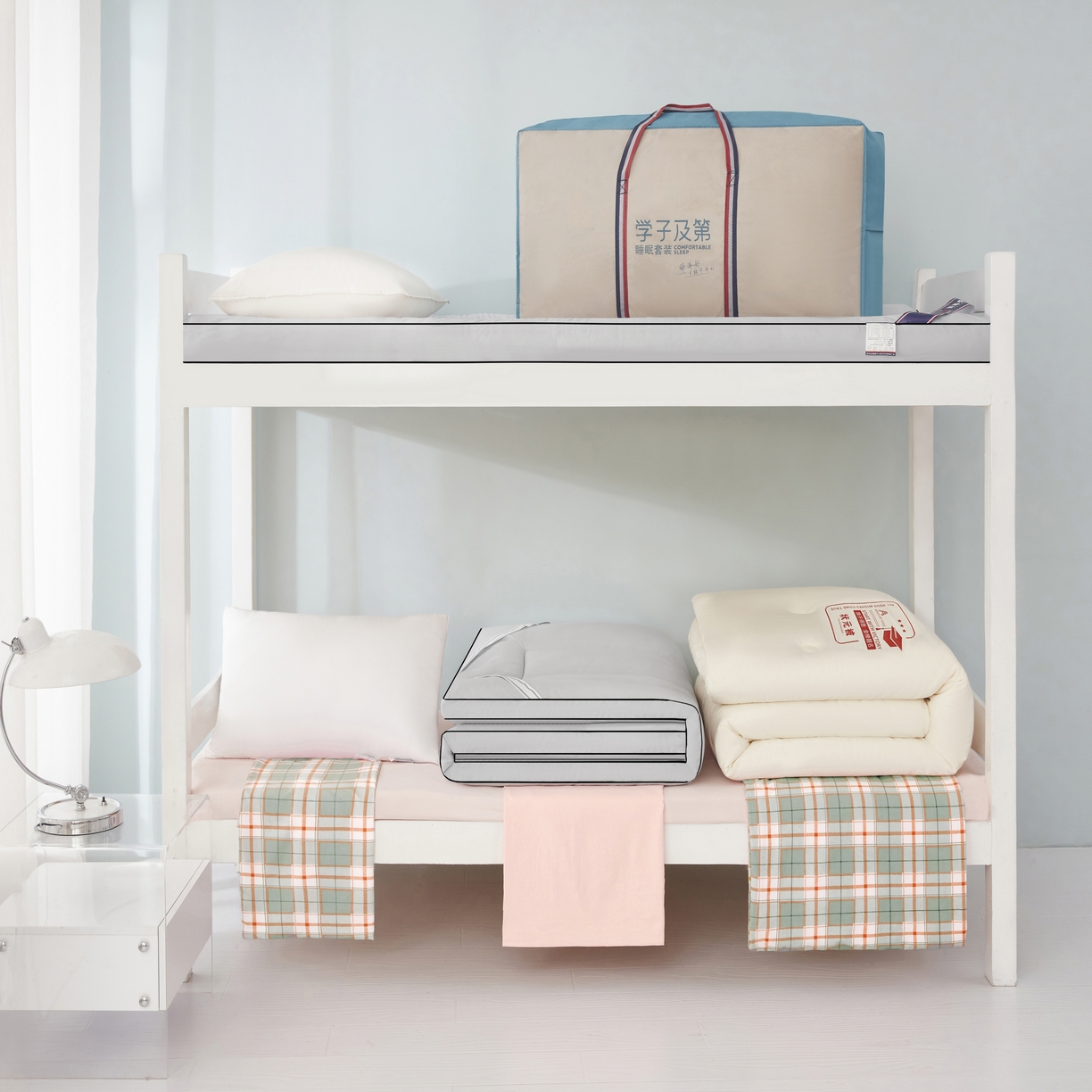 91家纺网 家纺一手货源 找家纺 恒科家纺 2025新款亲肤舒适小清新水洗棉四件套学生六件套-学生款宿舍六件套 格韵粉