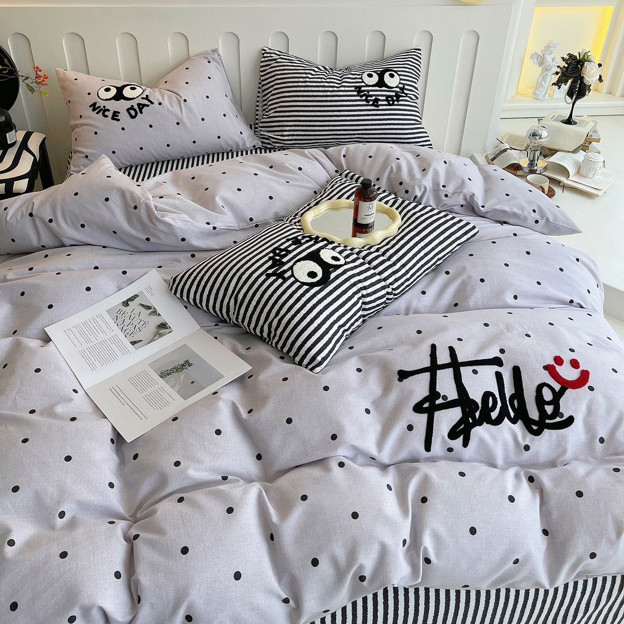 91家纺网 家纺一手货源 找家纺 （总）炫拼家纺 2025新款全棉磨毛ins风毛巾绣纯棉四件套-hello系列