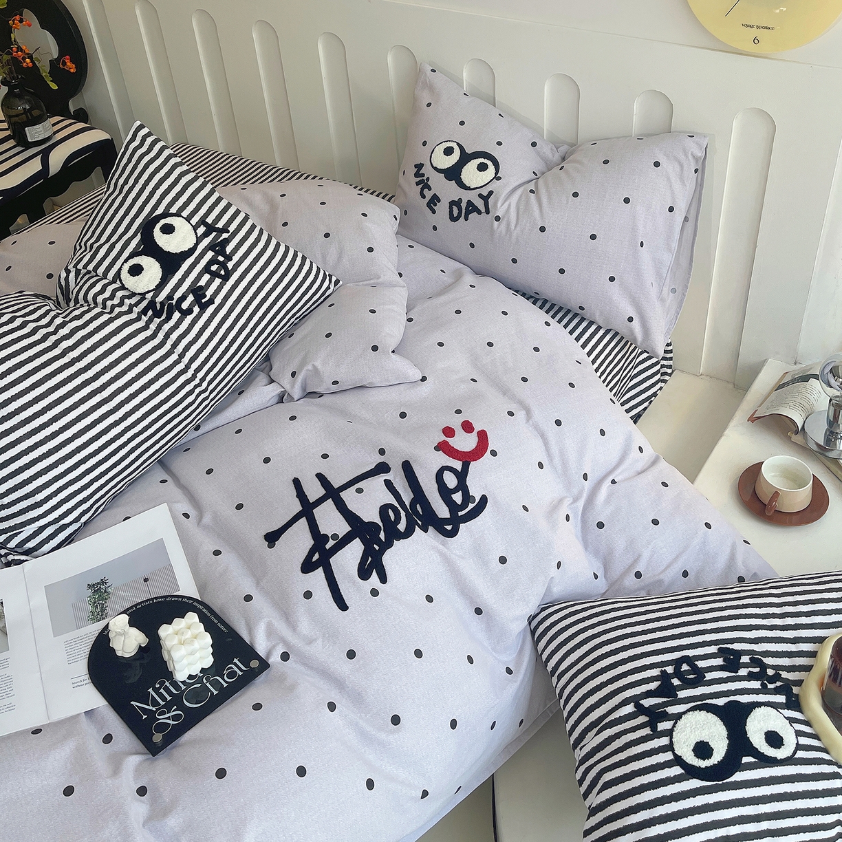 91家纺网 家纺一手货源 找家纺 （总）炫拼家纺 2025新款全棉磨毛ins风毛巾绣纯棉四件套-hello系列