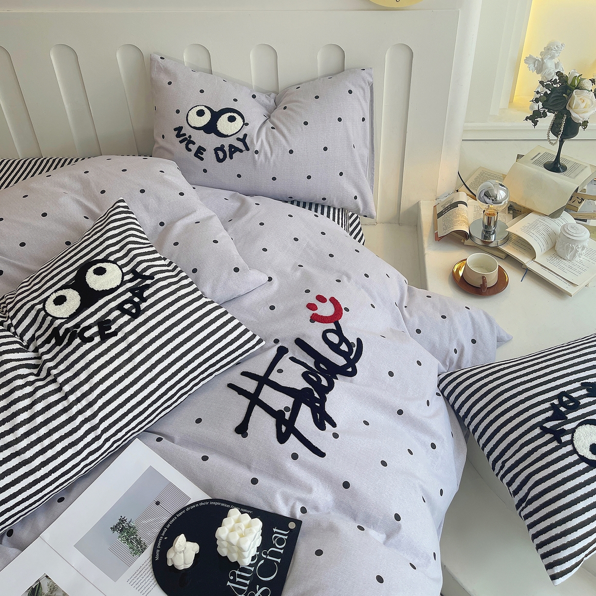 91家纺网 家纺一手货源 找家纺 （总）炫拼家纺 2025新款全棉磨毛ins风毛巾绣纯棉四件套-hello系列