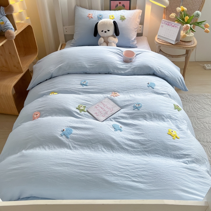 91家纺网 家纺一手货源 找家纺 （总）爱彼家纺 2025新款超柔水洗棉怪兽毛巾绣学生宿舍三件套上下铺三件套