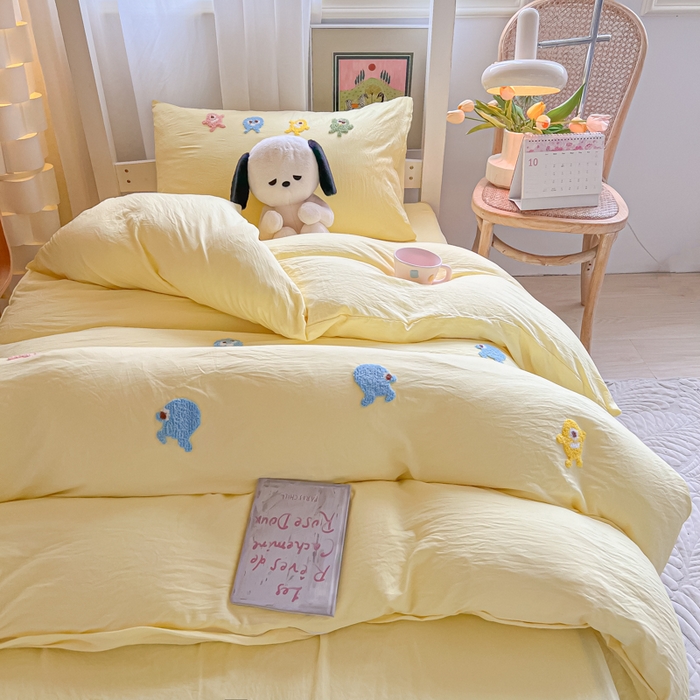 91家纺网 家纺一手货源 找家纺 爱彼家纺 2025新款超柔水洗棉怪兽毛巾绣学生宿舍三件套上下铺三件套 怪兽-奶黄
