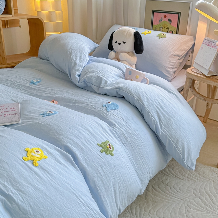 91家纺网 家纺一手货源 找家纺 （总）爱彼家纺 2025新款超柔水洗棉怪兽毛巾绣学生宿舍三件套上下铺三件套