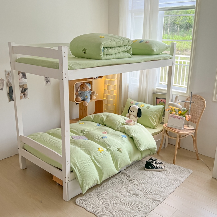 91家纺网 家纺一手货源 找家纺 爱彼家纺 2025新款超柔水洗棉怪兽毛巾绣学生宿舍三件套上下铺三件套 怪兽-果绿