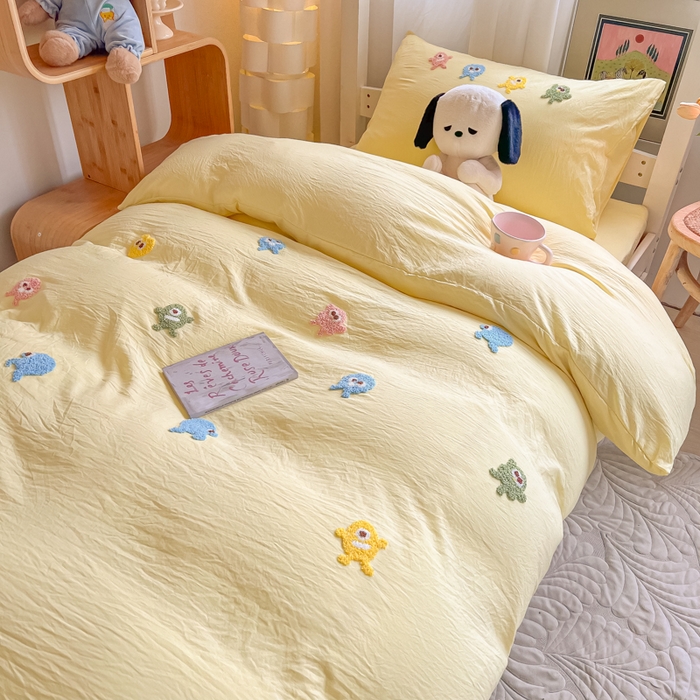91家纺网 家纺一手货源 找家纺 爱彼家纺 2025新款超柔水洗棉怪兽毛巾绣学生宿舍三件套上下铺三件套 怪兽-奶黄