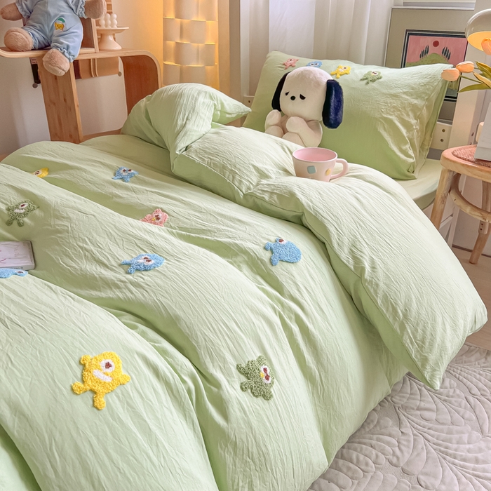91家纺网 家纺一手货源 找家纺 爱彼家纺 2025新款超柔水洗棉怪兽毛巾绣学生宿舍三件套上下铺三件套 怪兽-果绿