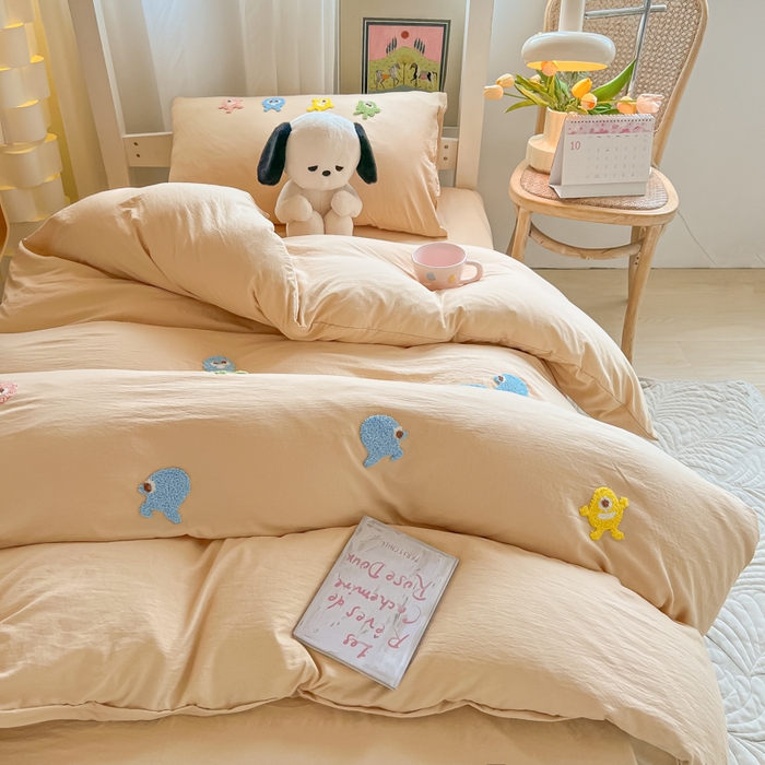 91家纺网 家纺一手货源 找家纺 爱彼家纺 2025新款超柔水洗棉怪兽毛巾绣学生宿舍三件套上下铺三件套 怪兽-奶咖