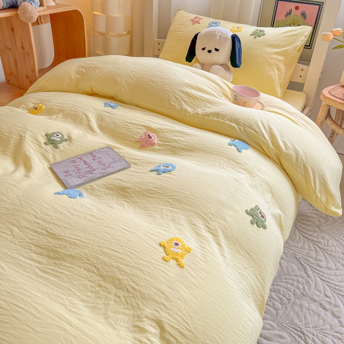 91家纺网 家纺一手货源 找家纺 爱彼家纺 2025新款超柔水洗棉怪兽毛巾绣学生宿舍三件套上下铺三件套 怪兽-奶黄