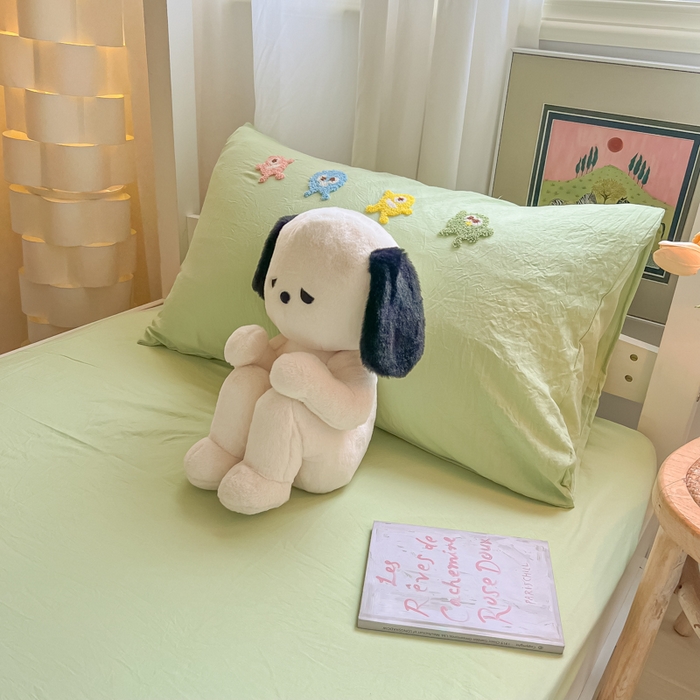 91家纺网 家纺一手货源 找家纺 爱彼家纺 2025新款超柔水洗棉怪兽毛巾绣学生宿舍三件套上下铺三件套 怪兽-果绿