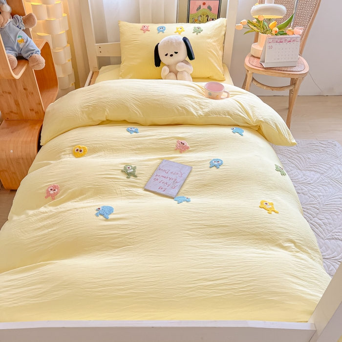 91家纺网 家纺一手货源 找家纺 爱彼家纺 2025新款超柔水洗棉怪兽毛巾绣学生宿舍三件套上下铺三件套 怪兽-奶黄